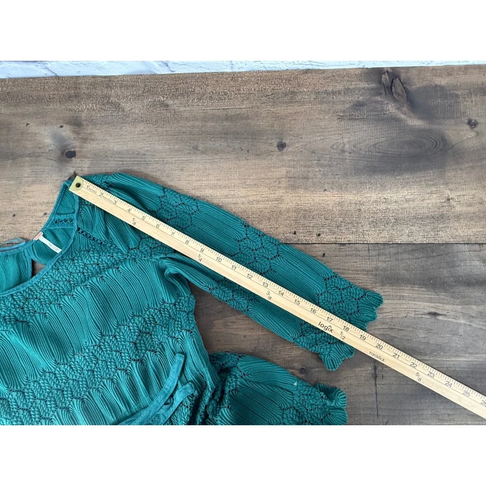 Free People Fire Island Crochet Knit Top XS Teal Green Lace Boho Peplum Blouse
